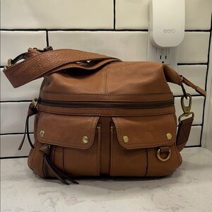 Fossil Morgan Traveler Hobo Boho Brown Leather Crossbody Bag Satchel Purse